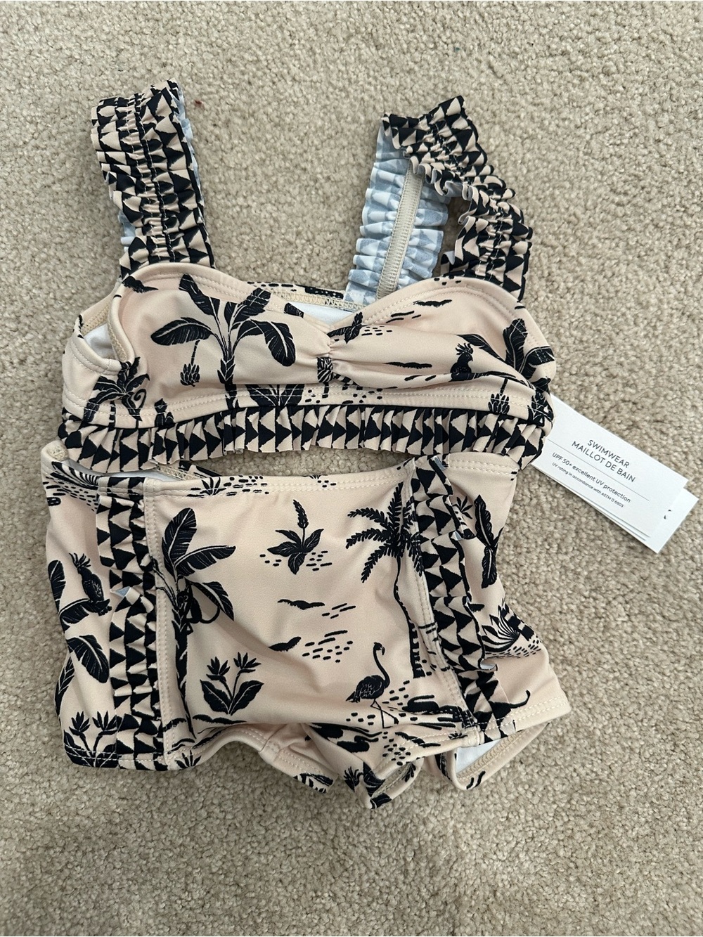 Toddler Girl Two-Piece Swimsuit in Cream with Black Tropical Print